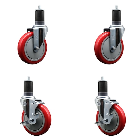 Service Caster 5'' Red Poly Wheel Swivel 1-5/8'' Expanding Stem Caster Set 2 Brakes, 4PK SCC-EX20S514-PPUB-RED-2-TLB-2-158